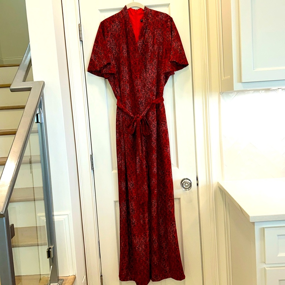 Maggy London Red Black Subtle Animal Print Wide Leg All Occasion Jumpsuit sz.12